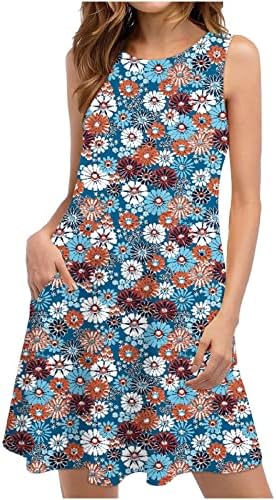Kadınlar için 2023 Elbiseler Çiçek Baskı Boho Sundress Yaz Kolsuz Plaj rahat elbise Tankı Elbiseler Cepler ile