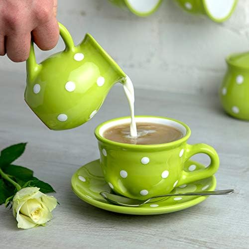 El Yapımı Yeşil ve Beyaz Puantiyeli Seramik Çaydanlık Seti, Büyük 1,7 l/60oz/4-6 Su Bardağı Çaydanlık, Süt Sürahisi,