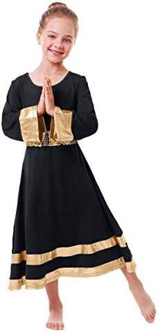 IBAKOM Kızlar Metalik Altın Robe Ibadet Övgü Dans Elbise Uzun Kollu Gevşek Tam Boy Liturjik Giyim + Sequins Kemer