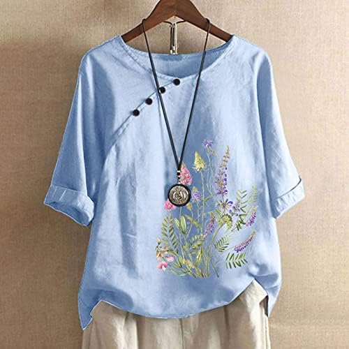 Keten Gömlek Kadınlar için Yaz Moda 2023 Rahat Yumuşak Tunik Üstleri Köylü Bluz Bohemian Çiçek Baskı Düğmeleri T-Shirt