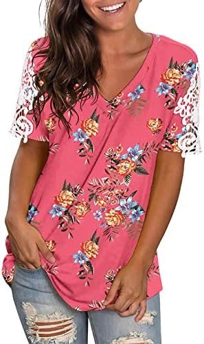 Nyybw Bayan Dantel Tunik Üstleri Bayanlar Kısa Kollu V Yaka Rahat Tişörtleri Çiçek Baskı Gevşek Fit Rahat Tee Bluz