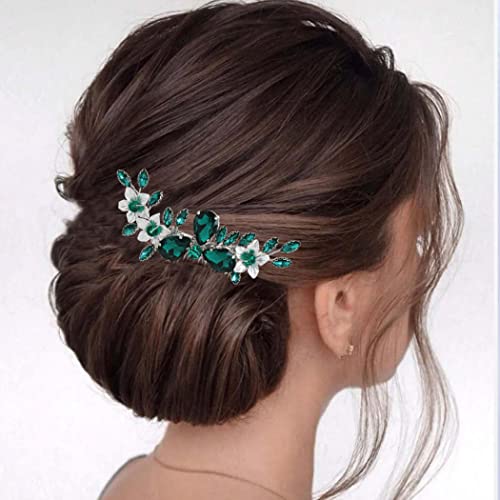 Flatser Yeşil Kristal Gelin Saç Combs Gümüş Çiçekler Düğün Saç Yan Combs Rhinestone Gelin Saç Aksesuarları Kadınlar