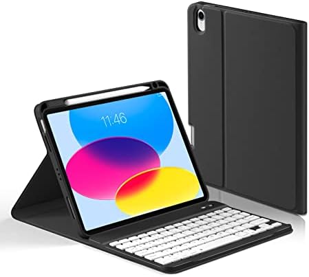 Laetass Klavye iPad kılıfı 10th Nesil 10.9 inç 2022 Üst Kalem Yuvası, Dahili kalemlikli Deri Stant Kapağı, Manyetik