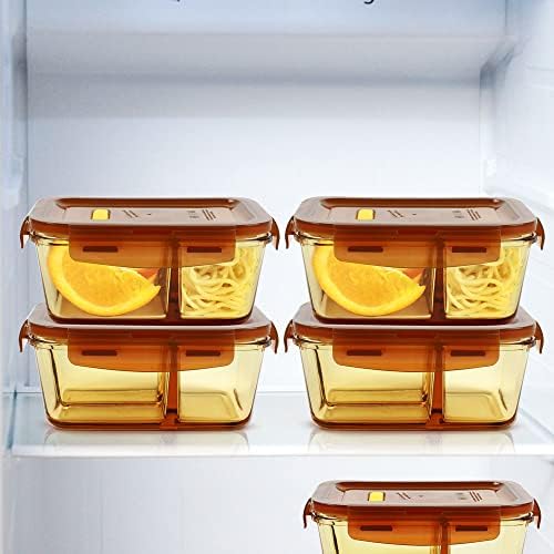 5 Paket 33.8 oz Amber Bento Kutusu Yemek Hazırlık Cam Kaplar Kapaklı 3 Bölme Cam Gıda Saklama Kapları Cam Öğle Yemeği