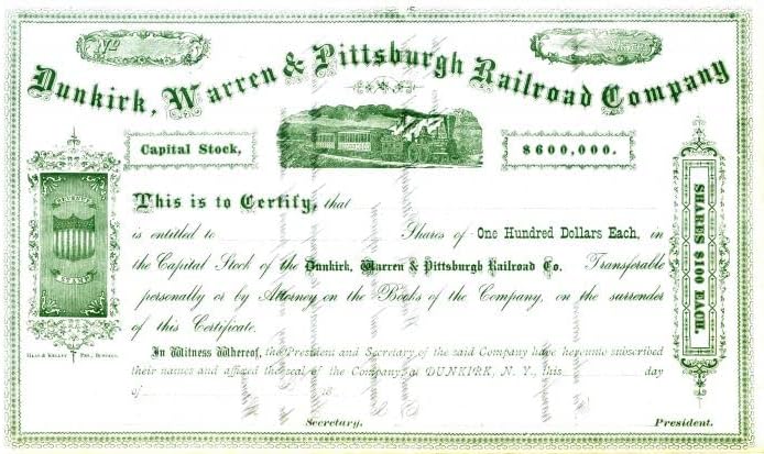 Dunkirk, Warren ve Pittsburgh Demiryolu A. Ş. - Yayımlanmamış Demiryolu Stok Belgesi