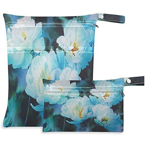 visesunny Soyut beyaz Çiçek mavi desen Fermuarlı cepli 2 adet ıslak çanta Yıkanabilir kullanımlık Seyahat için geniş,
