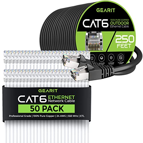 GearIT 50 Paket 3ft Cat6 Ethernet Kablosu ve 250ft Cat6 Kablosu