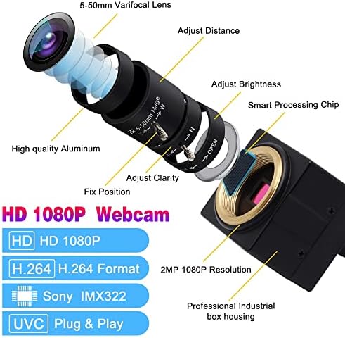 CODSOK USB Kamera 1080 P H. 264 CCTV IMX323 5-50mm Webcam Ayarlanabilir Değişken Odaklı Bilgisayar Kamera Video Endüstriyel