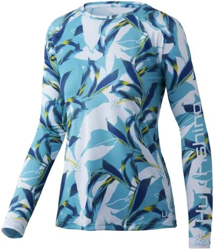 HUK Kadın Standart Peşinde Uzun Kollu Performans Gömlek + Güneşten Korunma, Uzun Yapraklar-Mavi Parlaklık, Büyük