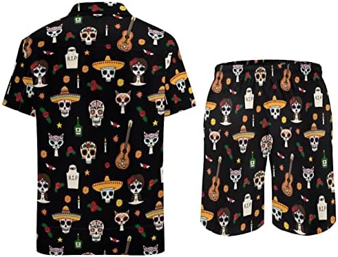 Ölülerin Günü erkek Hawaii Plaj Takım Elbise Kısa Kollu Baskılı Düğme Aşağı Gömlek şort takımı Rahat Seyahat