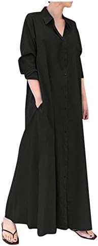 ZEFOTİM Keten Elbiseler Kadınlar için 2023 Uzun Kollu Moda Rahat Gevşek Gömme Düz Maxi T Gömlek Elbise…