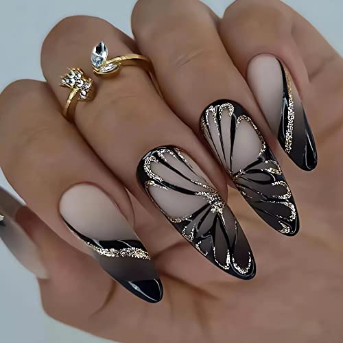 Kelebek Tırnaklara Basın Uzun Badem takma tırnak Glitter Tasarımlı Siyah Degrade Takma Tırnak Girdap Akrilik Tırnaklar