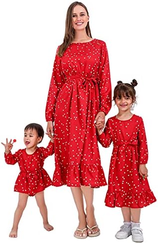 Annem ve ben Elbiseler Ekose Polka Dot Midi Fırfır Elbise Kendini Bağlı Kemer Sonbahar Kış Rahat Anne Kızı Eşleştirme