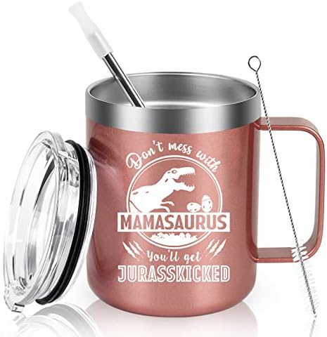 Lifecapido Anne Hediyeleri-Mama Saurus ile Uğraşmayın 12oz Yalıtımlı Seyahat Kupası, Mamasaurus Paslanmaz Çelik Kahve
