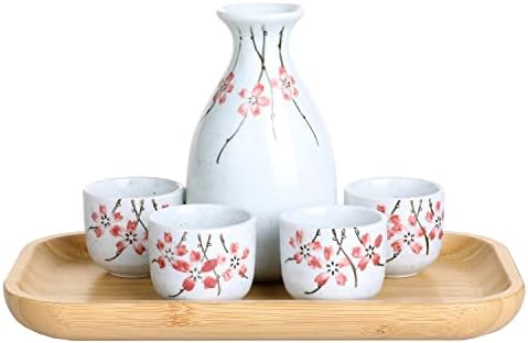 MyGift Klasik Seramik Japon Sake Combo Set Beyaz Sır ve Pembe Kiraz Çiçeği Şube Tasarımı, Dökme Sürahi, 4 Shot Bardakları