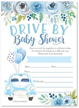 Bebek duş davetiyeleri ile 25 mavi çiçek sürücü, çiftler cinsiyet ortaya parti veya serpin araba geçit töreni için