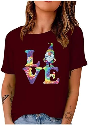 Sevgililer Günü T-Shirt Kadınlar için Yaz Casual Tops Renkli Gnome Aşk Grafik Tees Kısa Kollu Gevşek Rahat Bluz