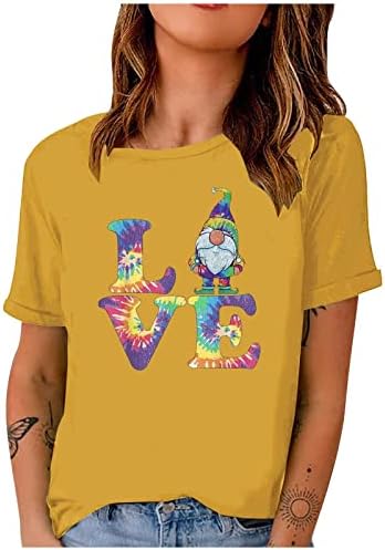 Sevgililer Günü T-Shirt Kadınlar için Yaz Casual Tops Renkli Gnome Aşk Grafik Tees Kısa Kollu Gevşek Rahat Bluz