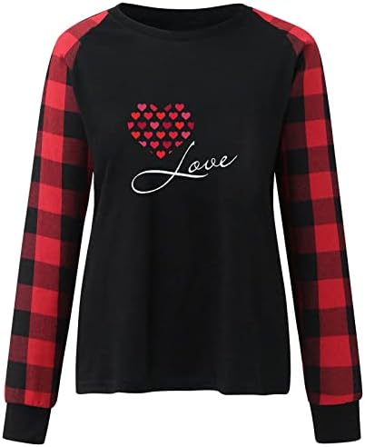 Sevgililer Günü Gömlek Kadın Bluz Aşk Kalp Grafik Uzun Kollu Tee Gömlek Ekleme Buffalo Ekose Kazak Üst Tunik