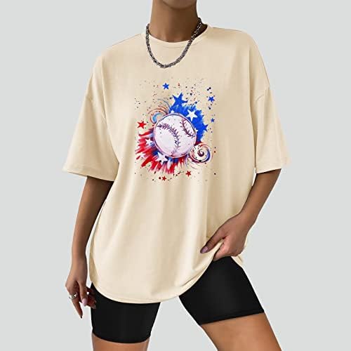 Bağımsızlık Günü Baskı T-Shirt Kadınlar için Büyük Boy Beyzbol Gömlek Yarım Kollu Ekip Boyun Tee Üstleri Büyük Boy