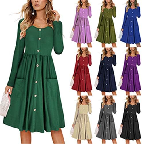 Andongnywell Elbiseler kadın Düz Renk Uzun Kollu Ekip Boyun Düğme Aşağı A-Line Rahat Giyinmiş Cepler ile