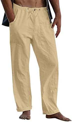 Erkek Pamuk Keten Pantolon,2023 Yaz Erkekler Rahat İpli Bel Düz Renk Baggy Yoga Pantolon Sweatpants