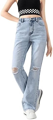 SHENHE kızın Ripped Sıkıntılı Yüksek Waisted Bootcut Flare Bacak Jeans Denim Pantolon