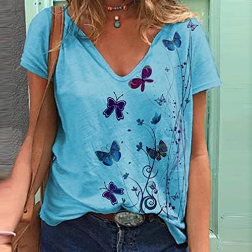 Yaz Rahat T Shirt Kadınlar için Renkli Kelebekler Baskılı Gömlek V Boyun Kısa Kollu Tee Üstleri Gevşek Fit Bluzlar