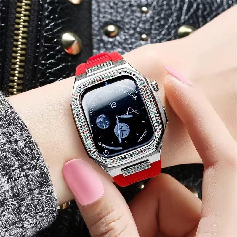 ZEDEVB Silikon Kayış + Metal Kasa Apple Ürünü İçin 45mm 44mm Paslanmaz Çelik Çerçeve Elmas Bilezik Watchband iwatch