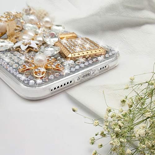 Lepistes Kadınlar Kızlar için iPhone 13 Kılıf ile Uyumlu Lüks 3D Bling Parlak Rhinestone Elmas Kristal İnci El Yapımı