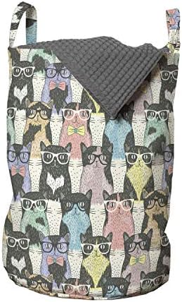 Ambesonne Kedi Çamaşır Torbası, Gözlüklü ve Fiyonklu Yenilikçi Oynak Kedi Karakterli Desen Vintage Tarzı, Kulplu Sepet