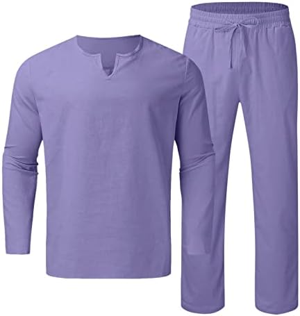 Erkek Adet Pamuk Keten Set Henley Gömlek Uzun Kollu ve Rahat plaj pantolonları Yaz Yoga erkek Yün Takım Elbise