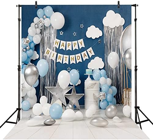 Imirell Mutlu Doğum Günü Backdrop 5 W x 7 H Ayaklar Mavi Beyaz Gümüş Balon Bulut Yıldız Prens Ahşap Zemin Çocuk Boys