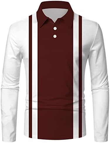 PDFBR erkek polo gömlekler, bahar uzun kollu elbise Çizgili Patchwork Düğme Boyun Golf Üstleri Kas Slim Fit Spor POLO