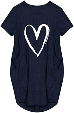 Kadın kısa kollu tişörtler Elbise Rahat Moda Kalp Baskı 2023 Yaz Tunik Elbiseler Gevşek Kısa Elbise cepli
