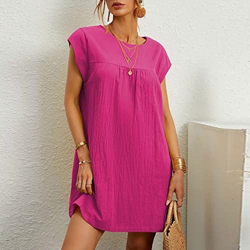 Oplxuo Artı Boyutu Kadın Pamuk Keten Gömlek Elbiseler Yaz Yuvarlak Boyun Düz Renk Sundress Bayanlar Cap Sleeve Mini