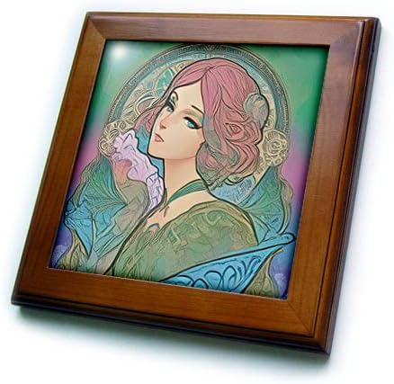3dRose Art Nouveau Kadın. Yeşil, Mavi, Pembe Renklerde güzel Bayan. - Çerçeveli Fayanslar (ft-376000-1)