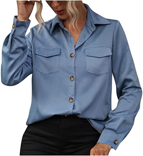 Bayan Casual Tops Yaka V Boyun Uzun Kollu Düğme Aşağı Gömlek Cep Resmi Ofis Düz Renk Temel Bluz