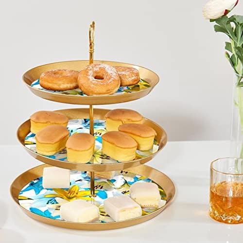 3 Katmanlı Cupcake kek standı Tutucu, Canlı Mavi Sarı Çiçek Kullanımlık Katmanlı Servis Standı Pasta Ekran Kulesi
