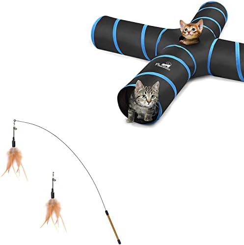 Pawaboo 4 yollu kedi tüneli tüp ve tüy Teaser Kedi oyuncak, interaktif tüy değnek kedi oyuncak Ekstra uzun 34.5 değnek