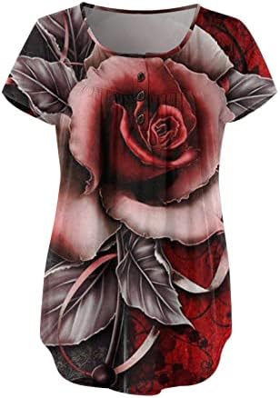 Çiçek Baskı Tunikler Kadınlar için Karın Gizleme Gömlek Tops Artı Boyutu Yaz Rahat Kısa Kollu Düğme V Yaka Bluzlar
