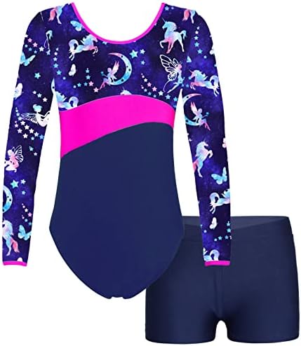 Nyeemya Çocuk Kız Uzun Kollu Fantezi Baskı Mayoları Boyshorts Rahat Spor Jimnastik Giyim Setleri