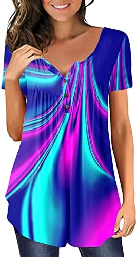Retro Desen Tunikler Kadınlar için Gevşek Fit Karın Gizleme T-Shirt Yaz Rahat Kısa Kollu Düğme Yukarı V Boyun Bluz