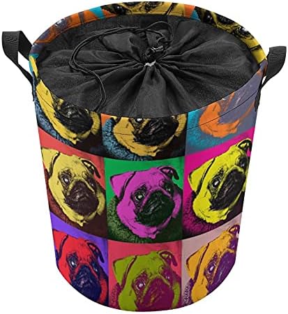 Pug Pop Art Yinelenen Kareler Yuvarlak Çamaşır Torbaları Su Geçirmez Sepet Depolama Sepeti Kolları Ve İpli Kapatma