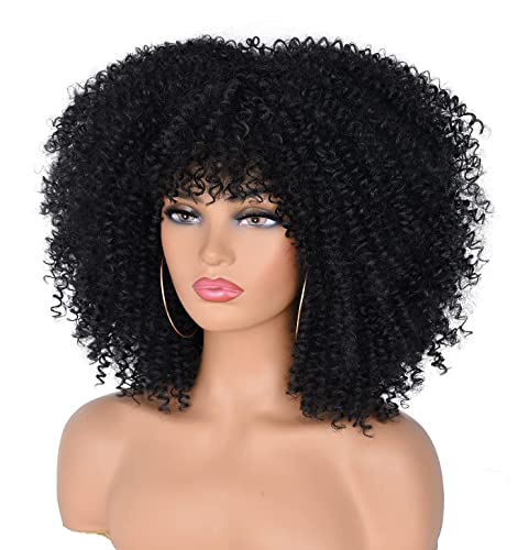 Siyah Kıvırcık Peruk Siyah Kadınlar için Afro Kıvırcık Peruk Patlama ile Afro Saç Sentetik İsıya Dayanıklı Peruk Kısa