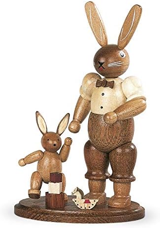 Müller Paskalya tavşanı, erkek, oynayan çocuklu baba, boy 11 cm / 4 inç, Mueller Seiffen'den orijinal Erzgebirge