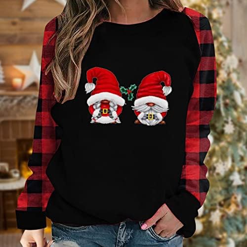 Noel Gömlek Kadınlar için Cüceler Grafik Baskı Kazak Uzun Kollu T-Shirt Rahat Moda Ekose Raglan Tops