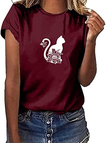 Bayan 2023 Yaz Üstleri Moda Rahat Kısa Kollu Yuvarlak Boyun T-Shirt Sevimli Kedi Baskılı Bluz Tunik
