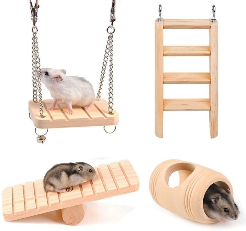 HUFFA Hamster Çiğnemek Oyuncaklar 4 Paket Tahterevalli, Varil, Merdiven, Salıncak Doğal Ahşap Çam Kobay Sıçan Oyuncak