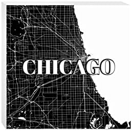 Minimalist B & W Illinois Chicago Haritası, Joyride Ev Dekorasyonu, Ahşap Blok Tabela, 10 x 10 Bağlantısız, Raf veya